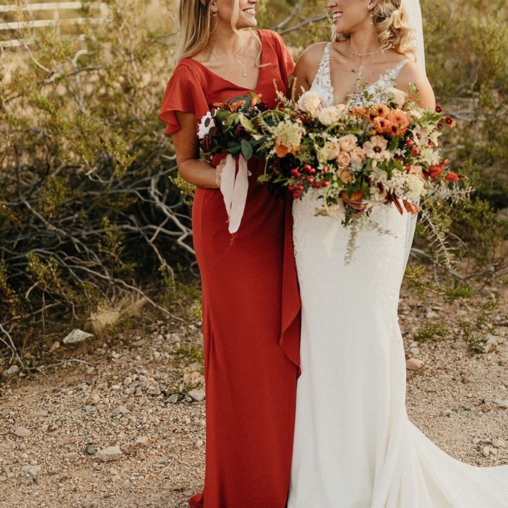 David's Bridal Rust Red V-Neck Flutter Sleeve Maxi Gown